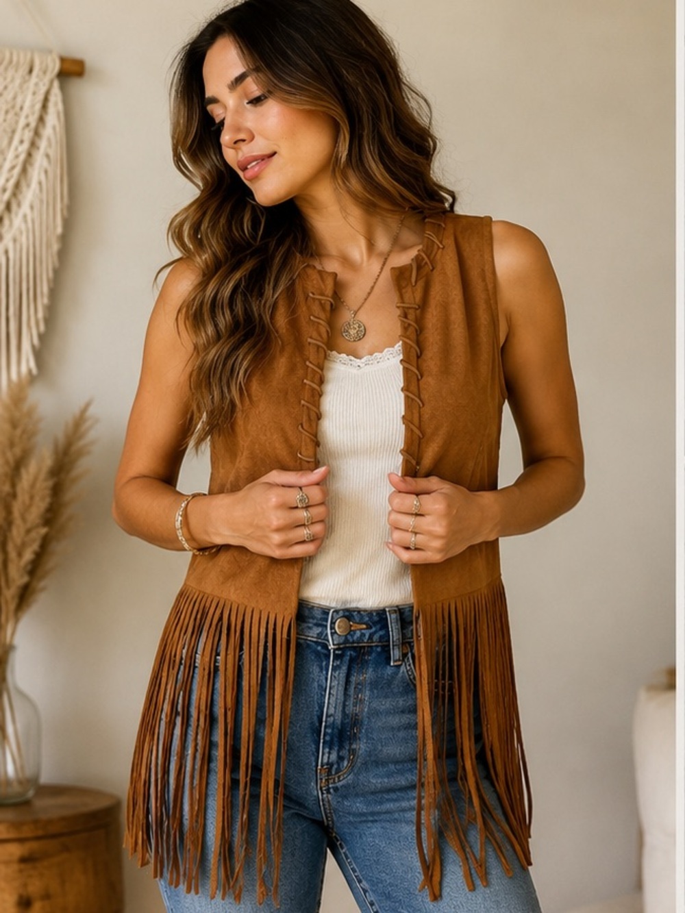 BOHO Faux Suede Fringe Vest in Warm  Cognac -Western Festival